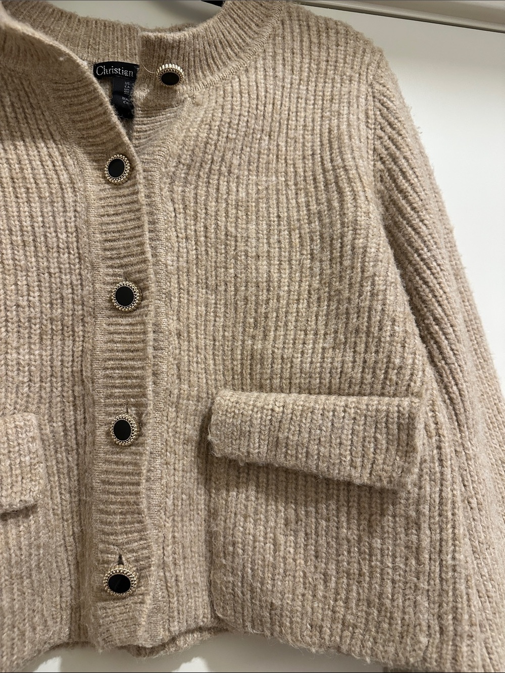 Beige Rib-Knit Cardigan Sweater - Picture 4 of 5